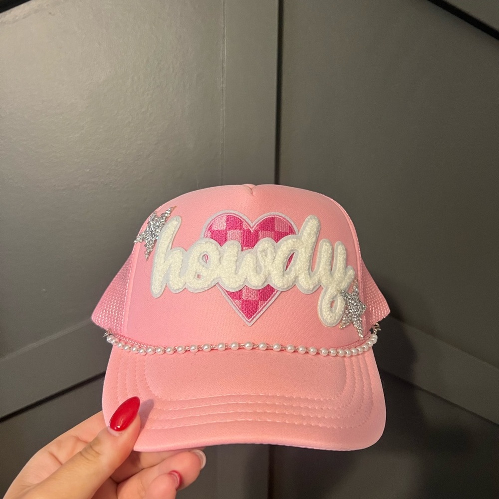 Pink Custom Howdy Trucker Hat with Heart and Star Accents